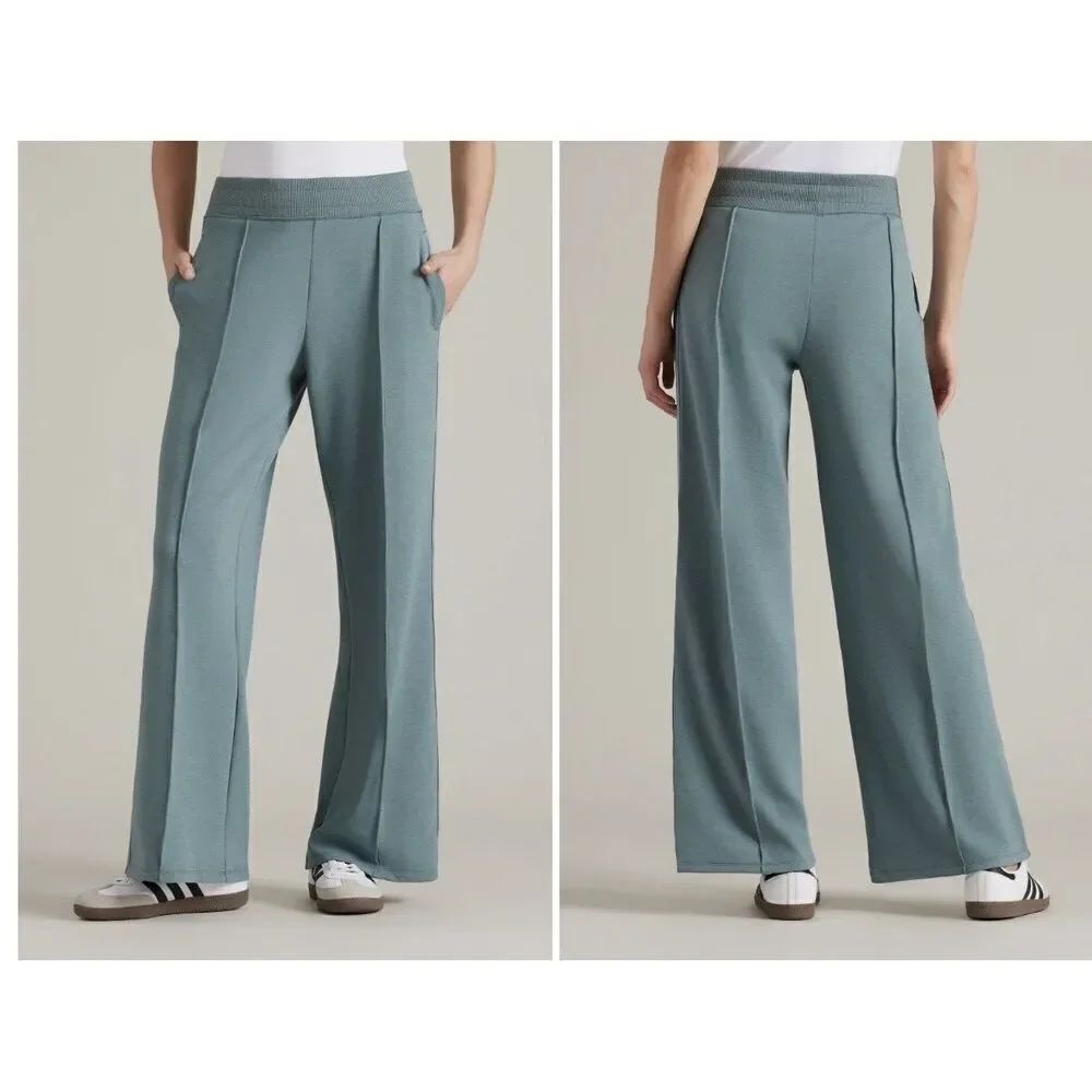 Rhone Women Green Solid Pintuck DreamGlow Wide Leg Trousers Pants Size XL